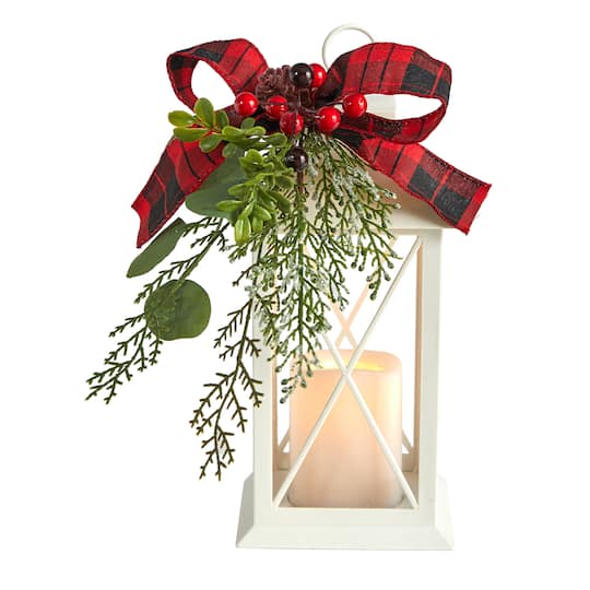 12&#x22; White Lantern with Berries, Pine &#x26; Plaid Bow Artificial Christmas Table Arrangement with LED Candle